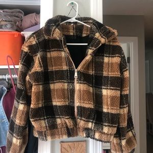 Shearling Zip-Up Plaid Jacket